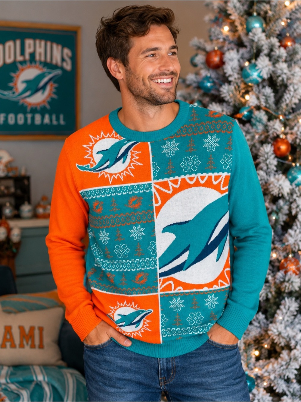 Miami Dolphins NFL Ugly Christmas Sweater Men’s M Teal Orange 100% Cotton